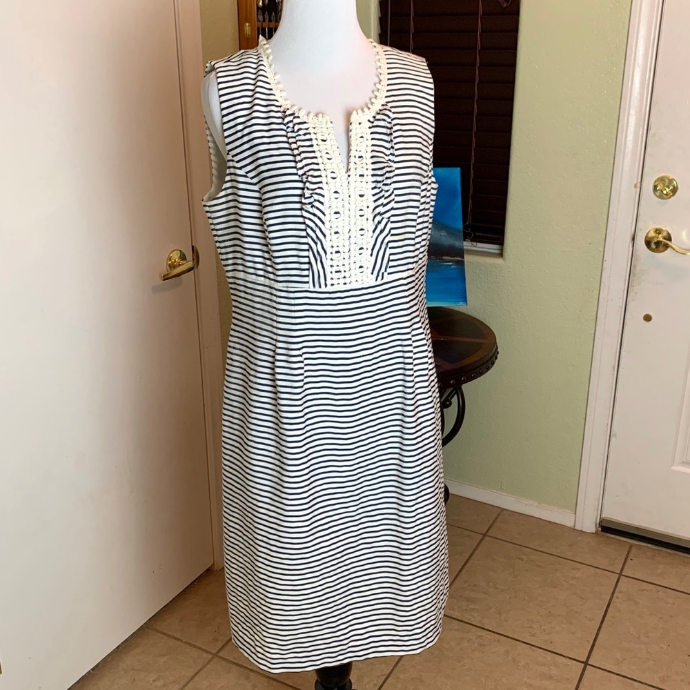 White & Blue sleeveless V neck striped dress sz12